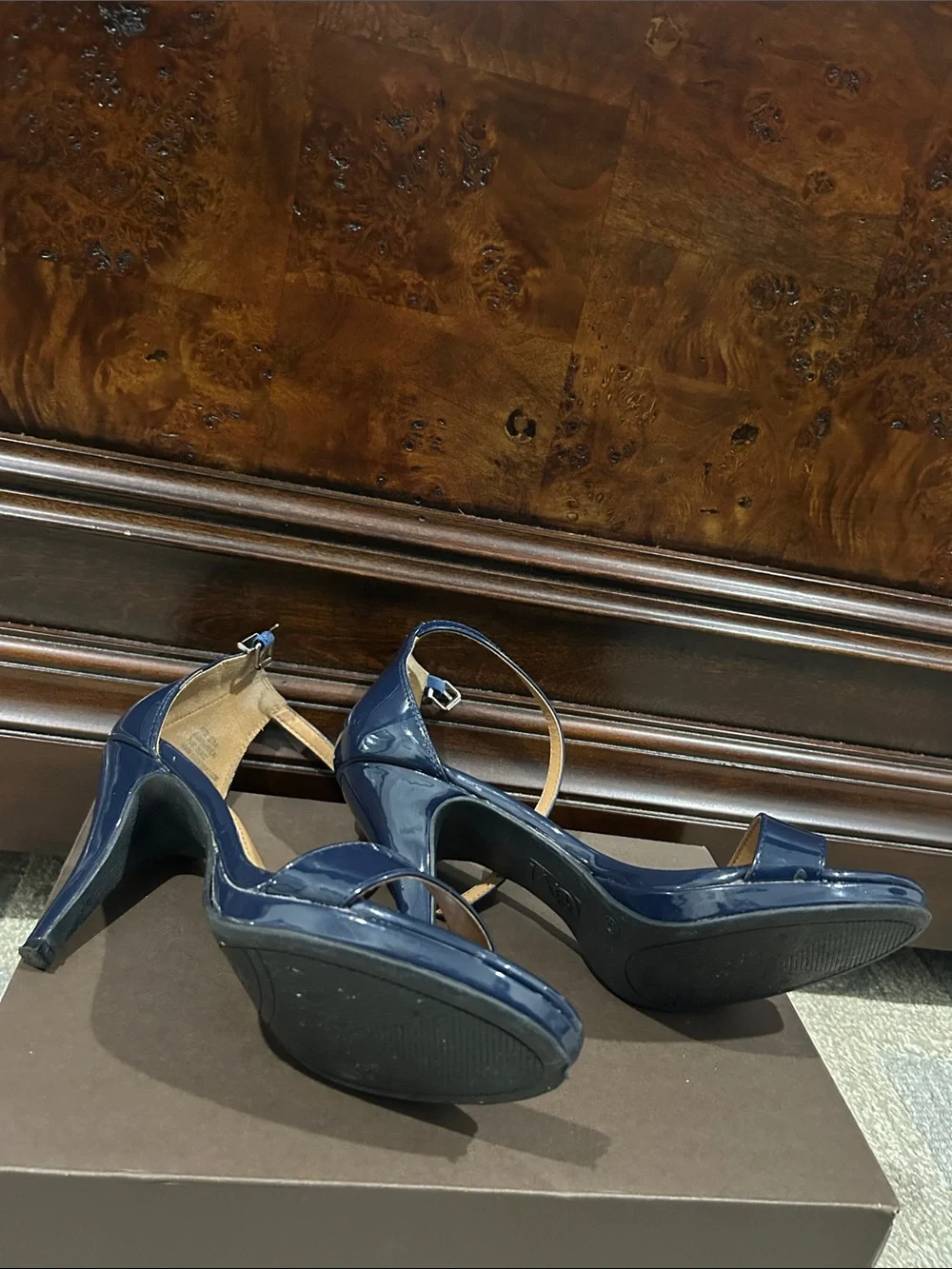 Navy Patent Leather Ankle-Strap Heels